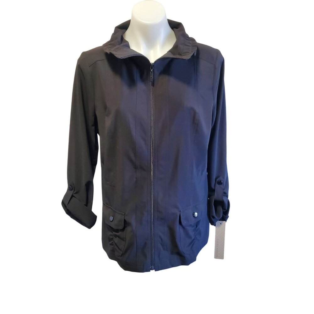 Laura Ashley Womens Medium Black Zip-Up Light Chic Jacket New WIth Tags